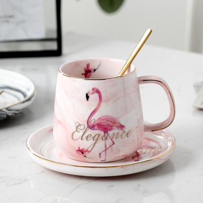 China Viable Nordic Luxury Pink Flamingo Pattern Marble Ceramic Coffee Mug Afternoon Tea Cup Mr. and Mrs. Glazed Mugs Cups and Saucers Set for sale