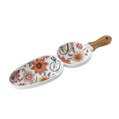 China Luxury Nordic Creative French Floral Hand Painted Tray Dessert Fruit Fruit Bowl Ceramic Viable Compartment Dish With Wooden Handle for sale