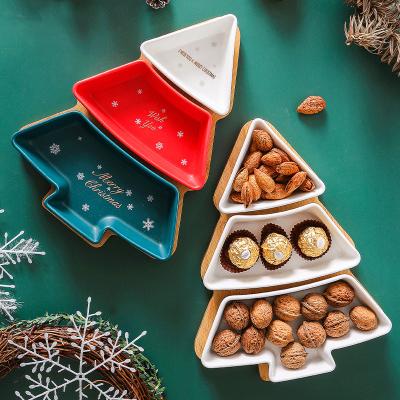 China Sustainable Nordic Ceramic Dessert Dishes Dry Fruit Tree Christmas Fruit Tree Tray Platter Porcelain And Bamboo Serving Rack Set For Party for sale