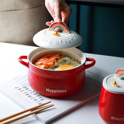 China Sustainable Ceramic Soup Ramen Noodle Serving Bowl With Lid And Handles Nordic Instant Noodles Red Fruit Cover Salad Bowl for sale