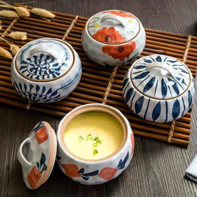 China Viable Japanese Steamed Egg Soup Bowl With Lid Small Ceramic Kitchenware Steaming Porcelain Beauty Bowl Flower for sale