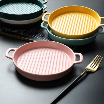 China Wholesale Non-Stick Viable Microwave Oven Dish Round Bakeware Sets Ceramic Baking Tray Pan Dishes and Dishwasher Safe Bakeware Sets for sale