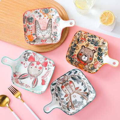 China Nordic Viable Cartoon Ceramic Hand Painted Rectangular Snack Microwave Oven Bakeware Serving Dish Floral Dinner Dishes With Handle for sale