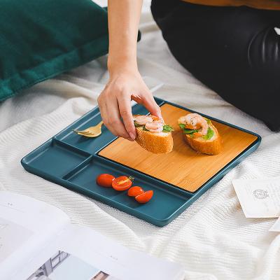 China Sustainable Bamboo Wooden Sushi Marbl Dishes Square Cheese Divider Set Ceramic Serving Tray Cutting Board Delicate Western Food Dishes for sale