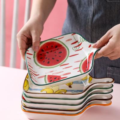 China Viable Handmade Korean Ceramic Hand Painted Dinnerware Sets Decor Rectangular Ceramic Floral Printed Dinner Sets With Handle for sale