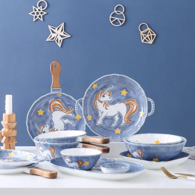 China Japanese and Korean Creative Porcelain Dinner Dish Set Viable Unicorn Blue and White Ceramic Hand Painted Household Tableware Modern for sale