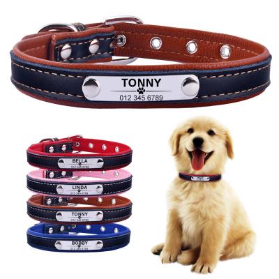 China Thoughtful Adjustable Personalized Leather Dog Collar Stocked Personalized Custom Engraved Dog Tag Name Plate Puppy Dogs XS/S/M/L for sale