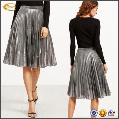 China Ecoach Latest Skirt Design Pictures Knee Length Maternity Fashion Elegant Silver Metal Women Pleated Skirt for sale