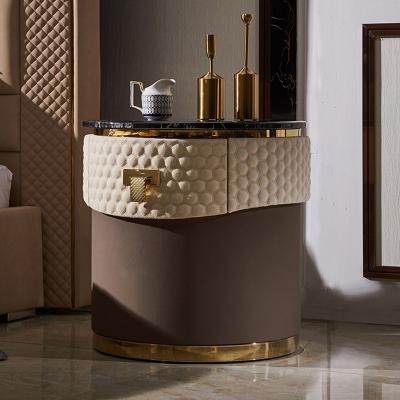 China Durable Luxury Marble Top Round Wooden Leather Nightstand Floating Nightstand With Drawer for sale