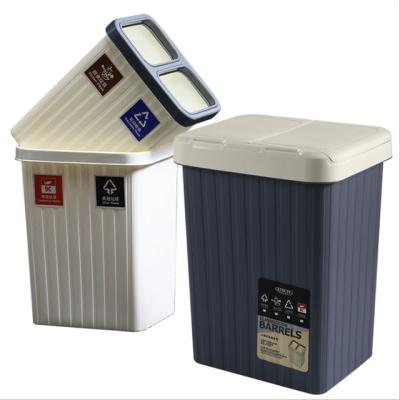 China Small Sustainable Recycled Plastic 2 Compartment Waste Bin With Lid for sale