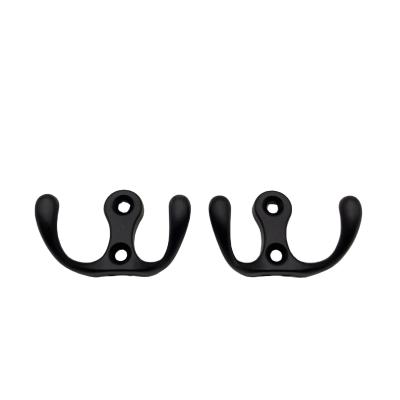 China Stocked Hot Selling Coat Hook Cabinet Hardware Furniture Double Hook Clothes Hook Black Zinc Alloy for sale