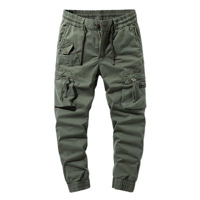 China Anti-pilling Hotsale Customized Army Green Multi Pockets Cargo Pant Elastic Slim Fit Cotton Trouser Pant Men's Elastic Opening Overall Pants for sale