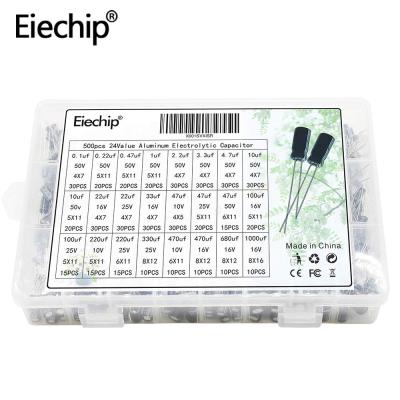 China Eiechip 24Value 500pcs Kit Aluminum Electrolytic Capacitor Radial Lead Type Range 0.1uF-1000uF With Assortment Box Kit9 for sale