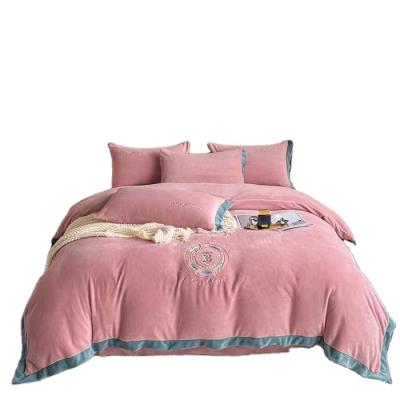 China Nondisposable High Gram Heavy Embroidery Four-Piece Milk Velvet Corner Bedding Set for sale