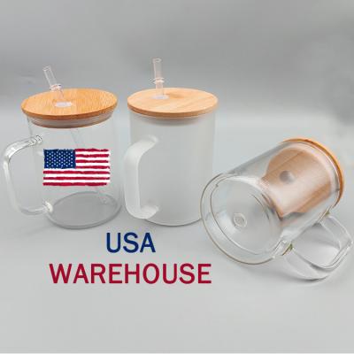 China Sublimation mugs 15 oz empty USA warehouse wholesale price customizable 15 oz frosted blanks clear thermal travel sublimation glass coffee mug with handle for sale