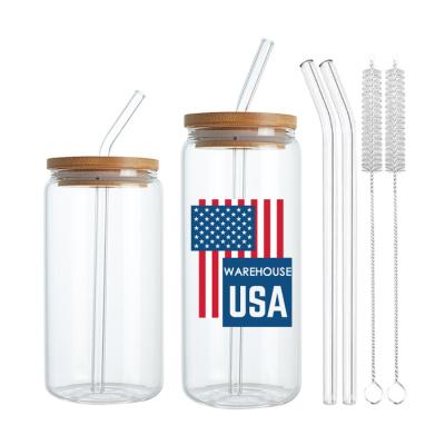 China 16oz Clear Glass Can With Lid USA Store Customizable Soda Coffee Logo 16 20 oz Clear Beer Can Borosilicate Glass Mug With Bamboo Lids And Glass Straws for sale