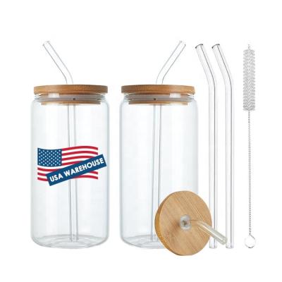 China 16oz Clear Glass Can With Lid USA Store Customizable Clear UV Vinyl 500ml Beer Coffee Soda Can 16 20 oz Shaped Glass Mugs With Bamboo Lid And Glass Straw for sale