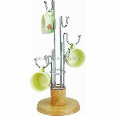 China Wholesale Durable Viable Metal Coffee Mug Rack With Iron Wire Wood Cup Drying Rack for sale