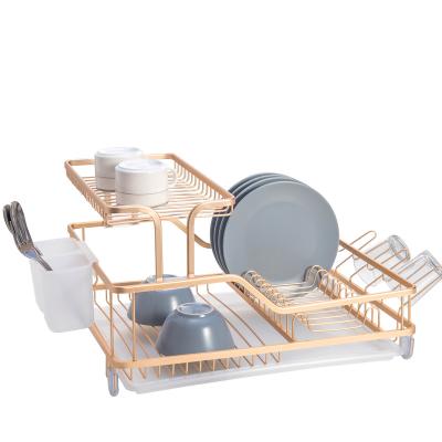 China Rustproof Aluminum Folding Two Tier Stored Dish Rack Kitchen Organizer Racks For Kitchen Drying Rack for sale