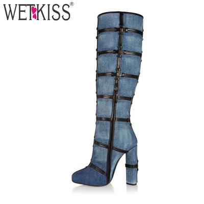 China Hot Fashion Boots OEM ODM Sale Fashion Trends Jeans Women Knee Boots Block High Heel Fancy Boots With Zipper for sale