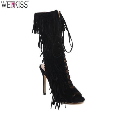 China Newest Design Tassel Boot Women's Half Tassel High Heel Peep Toe Shoe Open Toe Boots Lace Up Roman Boots for sale