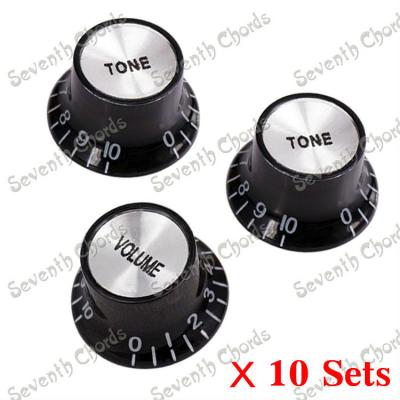 China Acrylic & Aluminum material 10 Sets Black Electric Guitar Speed Control Knobs Buttons with Silver Top (1 Volume & 2 Tone as A Set ) for sale