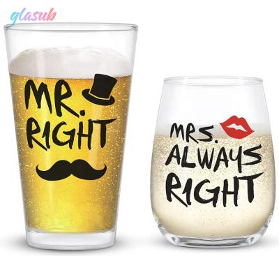 China Viable Wholesale Food Grade Funny Custom Printed Beer Glass and Stemless Wine Glass for Wedding Anniversary Birthday for sale