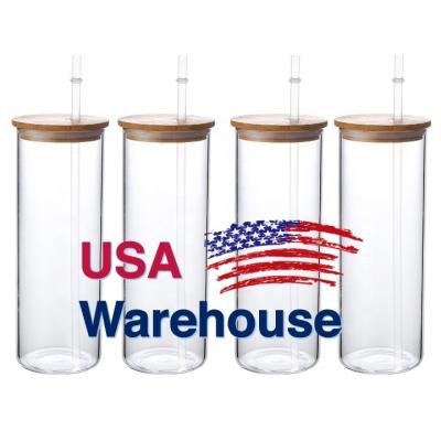 China USA warehouse 25oz sublimation glass mug viable empty beer can with lid sublimation frosted glass tumbler for sale