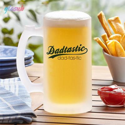 China Sustainable 16oz Customized Large Beer Mug Oktoberfest Sublimation White Tall Glass Mugs With Handle Frosted Jumbo Beer Glasses For Bar for sale