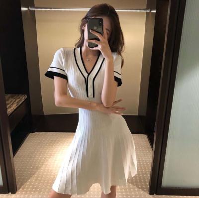 China Korean fashion new summer fashion anti-static dress slimming age match color V-neckline knit a line skirt dress for sale