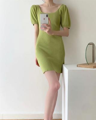 China 2022 Summer Solid Color Bubble Hip Sleeve Anti-Static Soft Wrap Skirt Short Sleeve Knit Dress Slimming Dress for sale