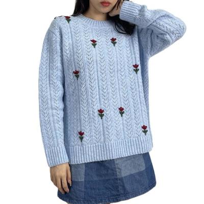 China factory direct round neck light blue color hot sale Anti-wrinkle fashion floral jacquard loose knit pullover sweater women for sale