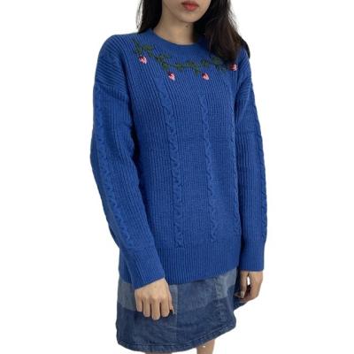 China Anti-wrinkle 2022 Spring Womens O Neck Fancy Blue Tops Fall Casual Pullover Long Sleeve Knitted Sweater for sale