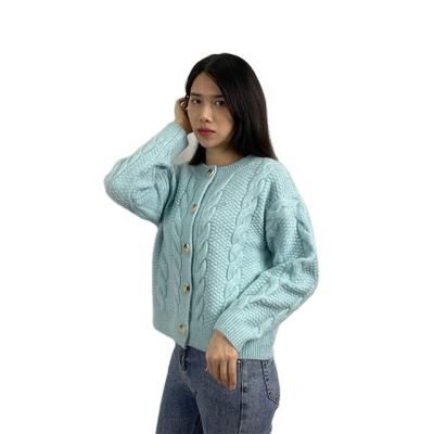 China Anti-wrinkle winter fashion cardigan button blue casual simple women knit sweaters long sleeve soft outer ladies for sale