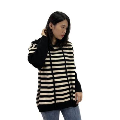 China New Anti-wrinkle autumn and winter black and white stripe sweater women hooded wool knit loose sweater hoodie pullover sweater for sale