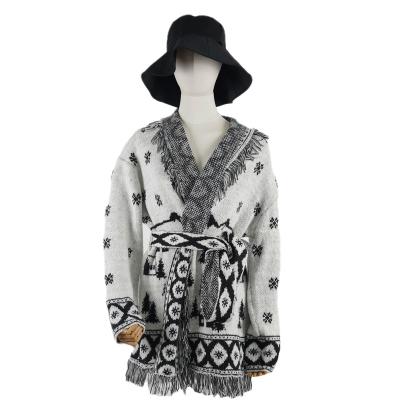 China 2022 Fall Women's Casual Paisley Tassel Sweater Coat Bandage Anti-Wrinkle Long Cotton Knit Cardigan With Belt for sale