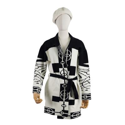 China 2022 Anti-wrinkle custom OEM and ODM women sweater jacquard design knitwear ladies girls cotton knit women cardigan sweater top coat with belt for sale