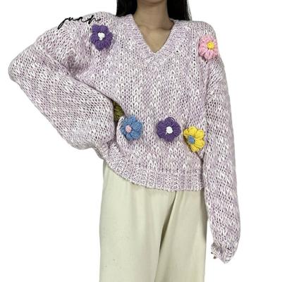 China custom Anti-wrinkle factory price cable knit handmade design v neck embroidery flower women over sized sweaters for sale