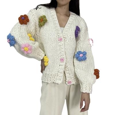 China Anti-Wrinkle Hot Sale Knitwear Handmade Crochet Flowers Lantern Sleeves Soft Loose Thick Cardigan Sweater For Women for sale