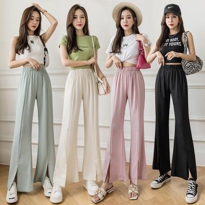 China Wholesale Anti-Wrinkle Women Plus Size Elegant Summer Fashion Ladies Slit And Trousers Pants Elastic Waist Chiffon Long Pants for sale