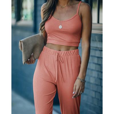 China Summer QUICK DRY hot sale crop top jogger set top solid color sleeveless crop top and jogging pants set 2 piece knit sets women for sale