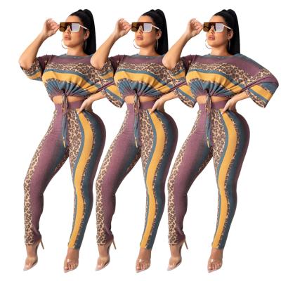 China Wholesale LD 9090918 Leopard Stripe Pencil Anti-Static New Pants Loose Crop Top Women Overalls 2 Piece Sets for sale