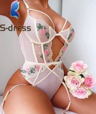 China 2021 Hot Selling Sexy Lingerie Spandex Hollow Out Embroidery Stitching Lace Up Bodysuit Deep-V Teddy One Piece Sexy Lingerie Lace Lingerie for sale