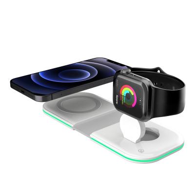 China Multifunctional 15W Wireless Charging Qi 3 in 1 Fast Foldable iPhone 12 Mobile Phone Charging Station Desktop Watch Wireless Charger Stand with Night Light for sale