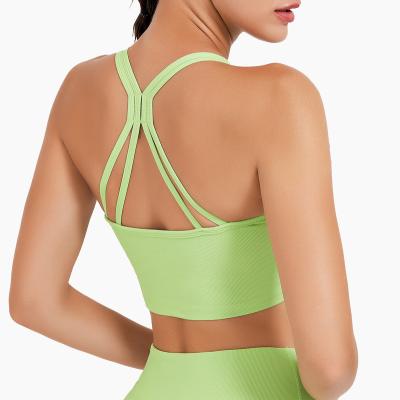 China QUICK DRY Aplet Women Strappy Yoga Bra Padded Ladies Sports Bra Nude Criss Cross Crop Top Fitness Gym Gather Tight Workout Tank Tops for sale