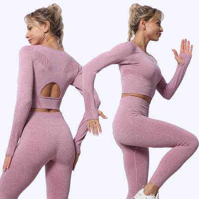 China Antibacterial Seamless Gym Wear Long Sleeve Top Two Piece Seamless Legging Set Plus Size Sport Set For Woman for sale