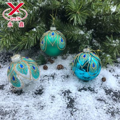 China Christamas Tree Decoration Peacock Feather Christmas Blown Glass Ball Hand Painted Ornaments for sale