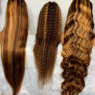 China Customized Super Wave Cuticle Aligned Hair Long Texture 40 Inch Lace Front Human Hair Wigs Honey Brown Highlight Color HD for sale