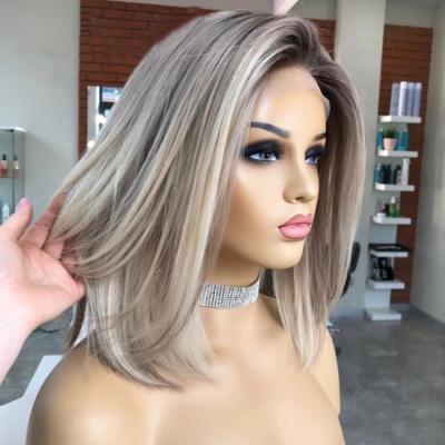 China Hot Selling Straight Cuticle Aligned Lace Wig Ash Gray Blonde Highlight Color Straight Bob European Hair Invisible Knots Full Lace Wig for sale