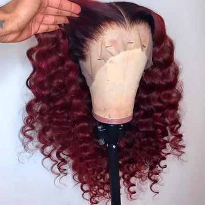 China Loose Wave 12A Grade Ombre Color 99J Deep Wave Virgin Hair 360 Loose Wigs for sale